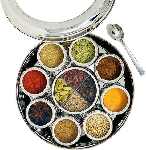 authentic stainless steel masala dabba spice box|indian spice tray with spices.